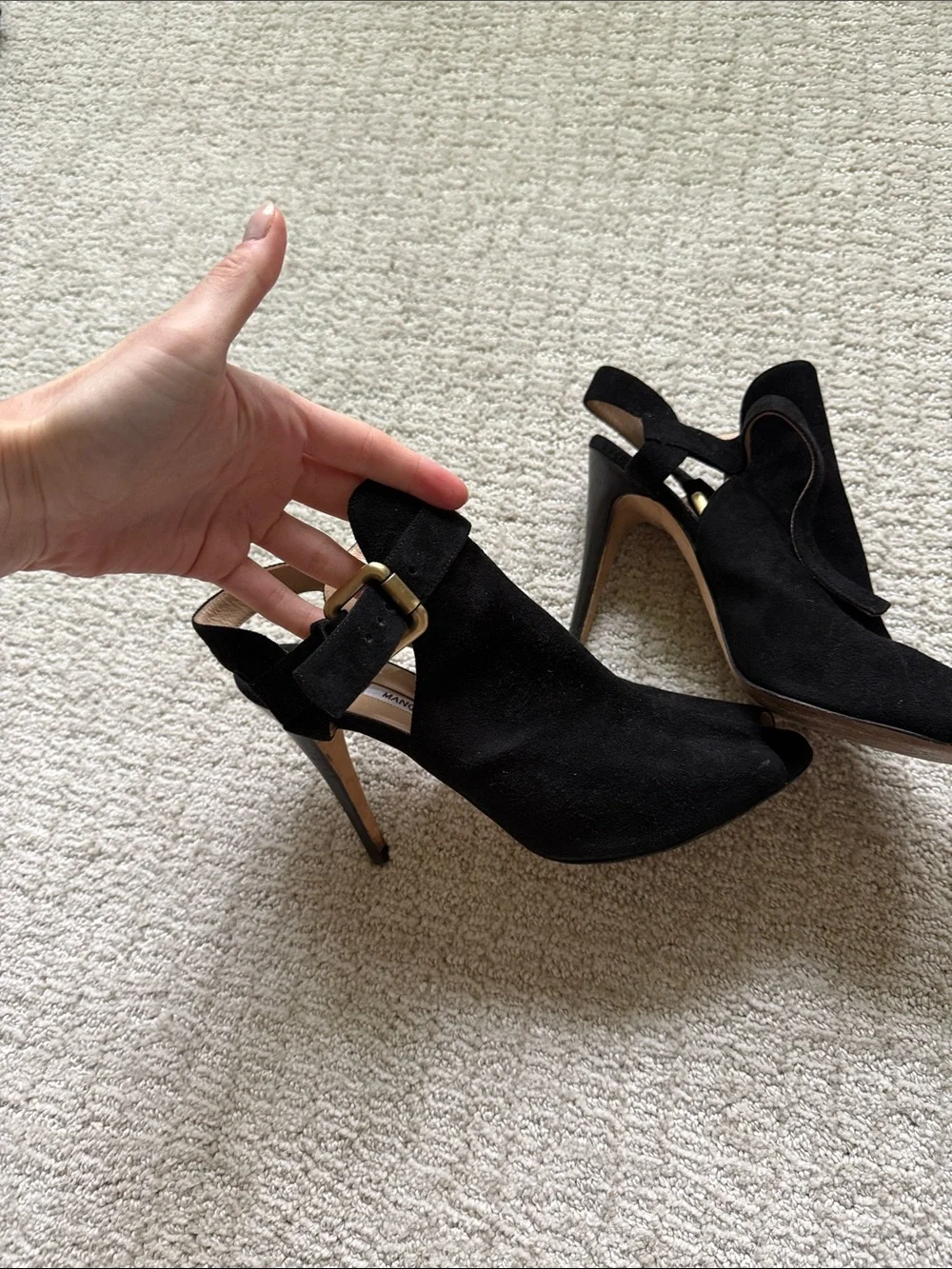 Manolo Blahnik Black Suede Peep-Toe Slingback Heels - Picture 3 of 6